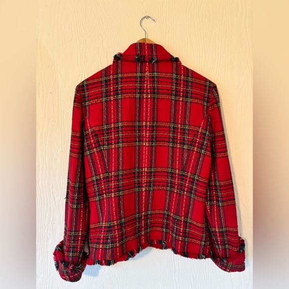 Vintage Red Tweed Plaid Knit Woven Raw Hem Fringe Blazer Jacket Gold Buttons - Picture 10 of 12